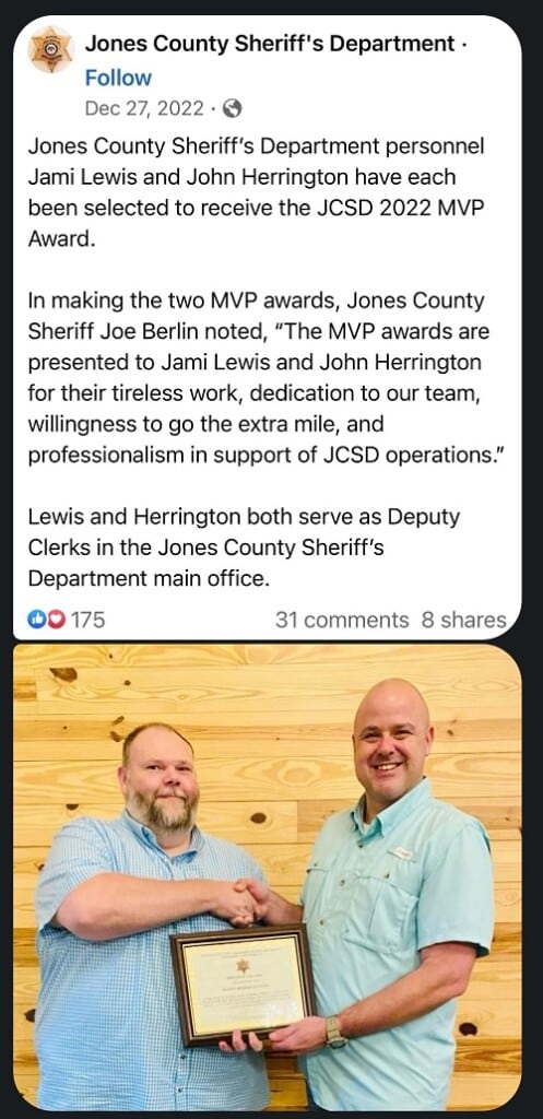 Sheriff Berlin awards his brother-in-law Mark Herrington, one of the Jones County Sheriff's Department's personnel, the MVP Award.
