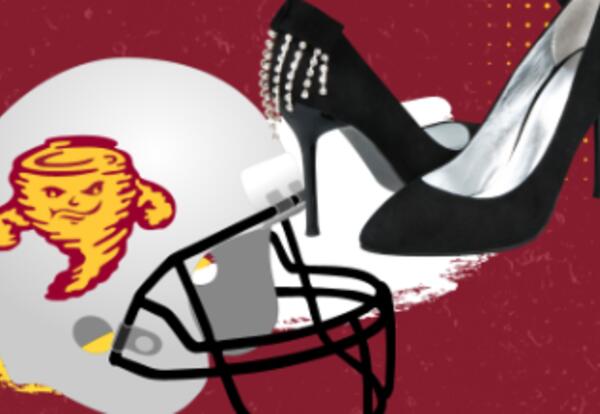 Maroon and white background with a football helmet and heels