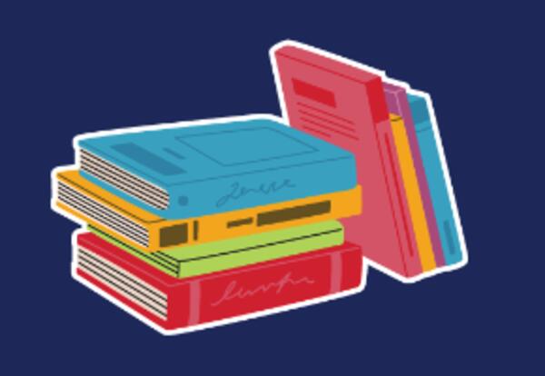 Blue Background with colorful books stacked up.