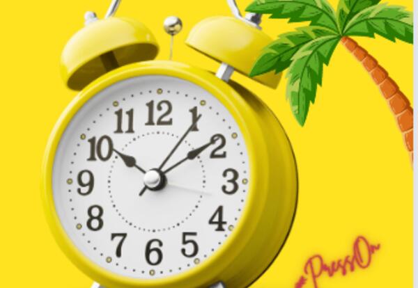Yellow background, with alarm clock and palm tree #PressOn