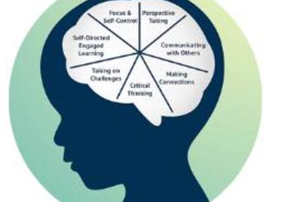 Shows the blue silhouette of a child's head in a green circle, showing the brain and parts of the brains functions